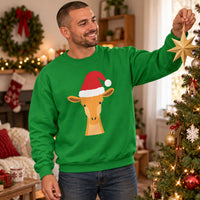 Thumbnail for Santa Giraffe Christmas Sweatshirt in Irish Green, worn in a Christmas home setting with the Santa giraffe front print visible.