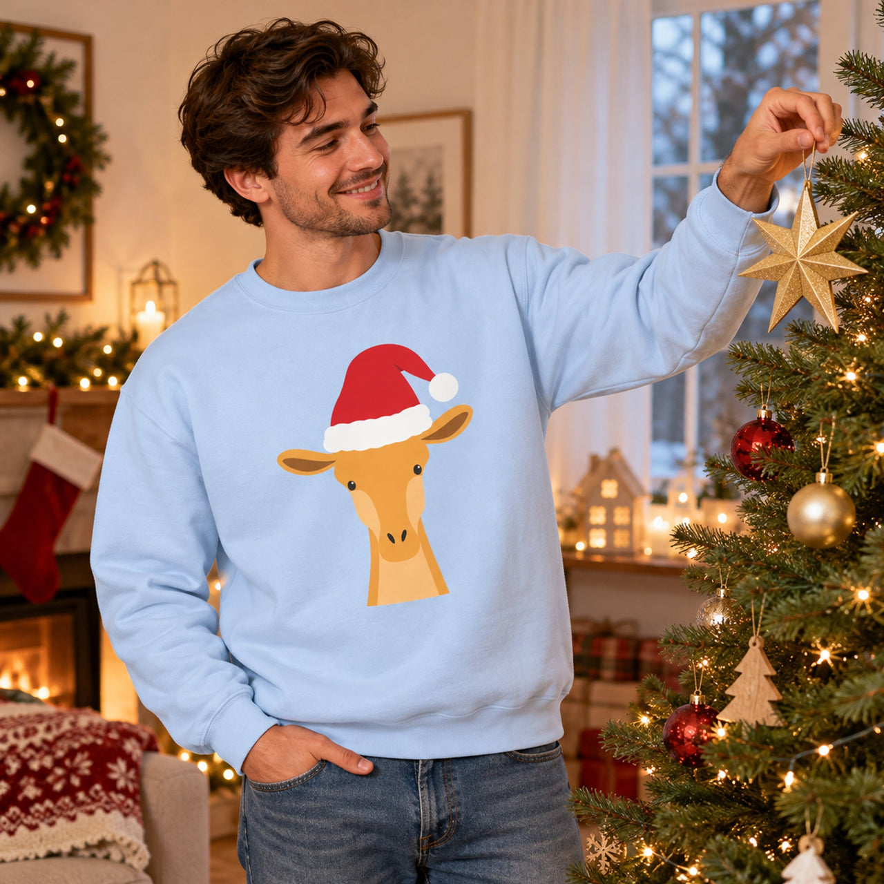 Santa Giraffe Christmas Sweatshirt in Light Blue, worn in a Christmas home setting with the Santa giraffe front print visible.