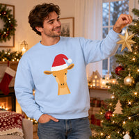 Thumbnail for Santa Giraffe Christmas Sweatshirt in Light Blue, worn in a Christmas home setting with the Santa giraffe front print visible.