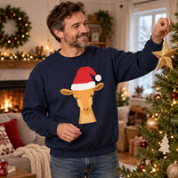 Thumbnail for Santa Giraffe Christmas Sweatshirt in Navy, worn in a Christmas home setting with the Santa giraffe front print visible.