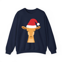 Thumbnail for Santa giraffe Christmas sweatshirt in Navy, front view with the Santa animal illustration.