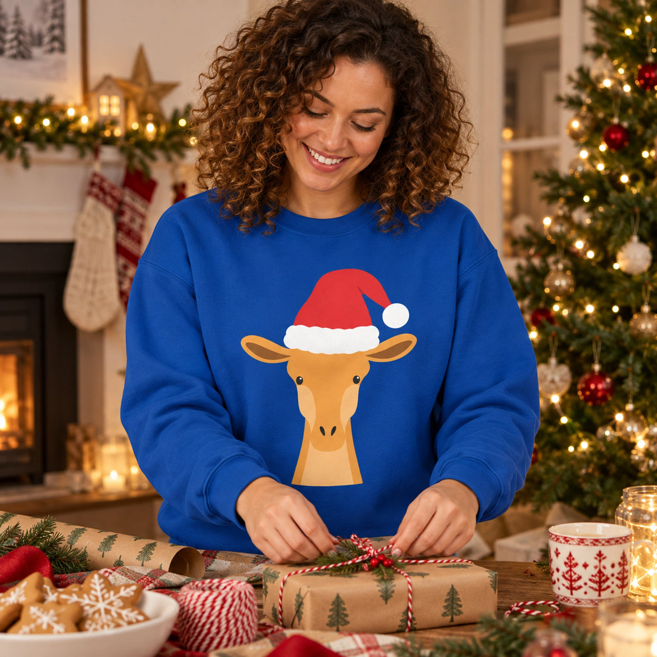 Santa Giraffe Christmas Sweatshirt in Royal, worn in a Christmas home setting with the Santa giraffe front print visible.