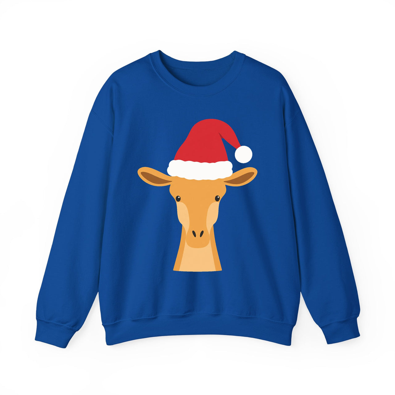 Santa giraffe Christmas sweatshirt in Royal, front view with the Santa animal illustration.