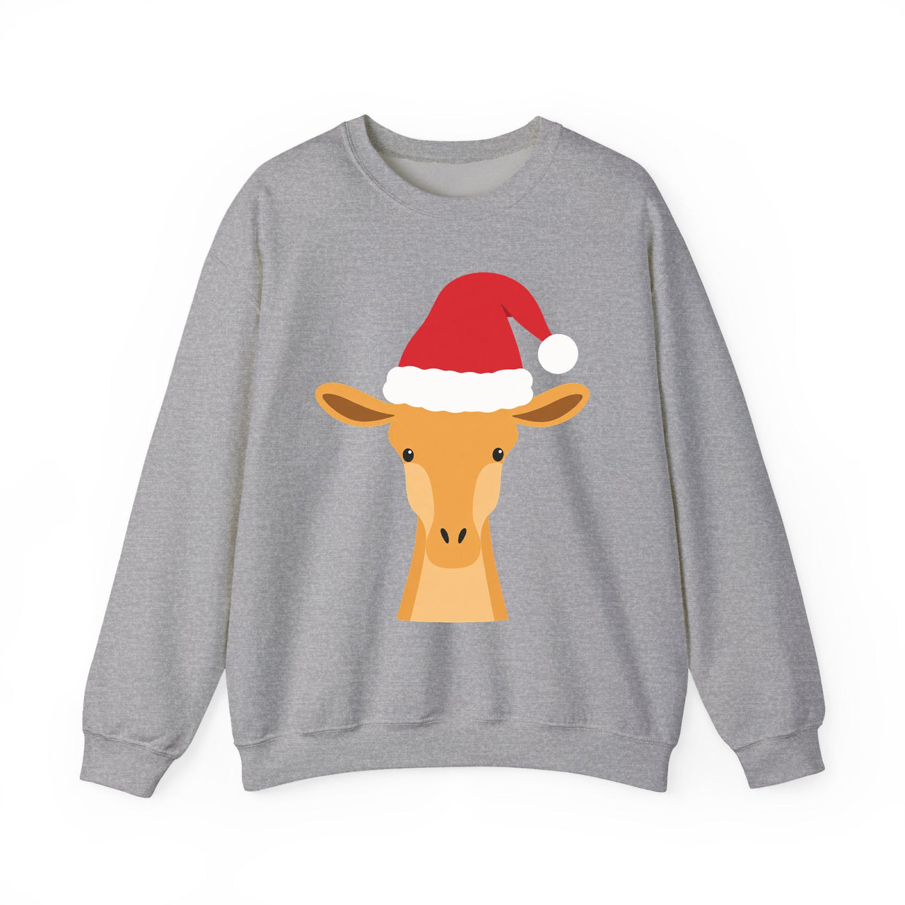 Santa giraffe Christmas sweatshirt in Sport Grey, front view with the Santa animal illustration.