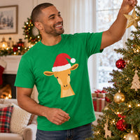 Thumbnail for Santa Giraffe Christmas Unisex T-Shirt in Irish Green, worn in a Christmas home setting with the Santa giraffe front print visible.