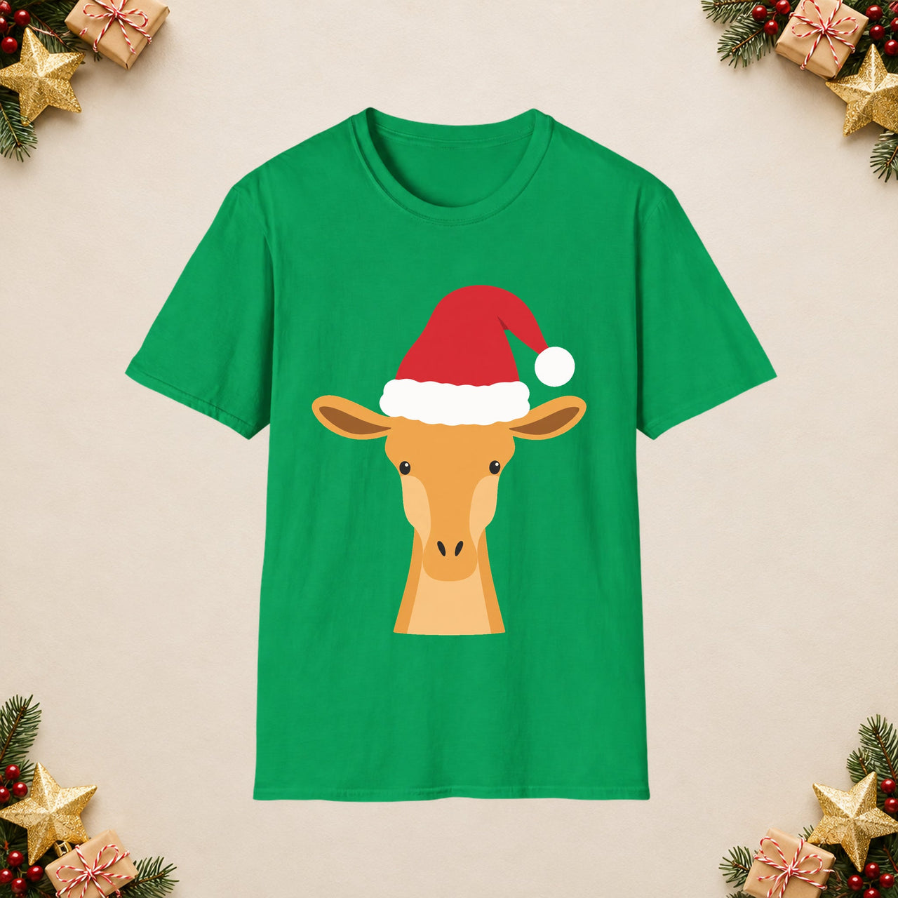 Santa giraffe Christmas unisex t shirt in Irish Green, front view with the Santa animal illustration on a Christmas flat-lay background.