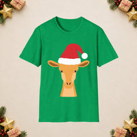 Thumbnail for Santa giraffe Christmas unisex t shirt in Irish Green, front view with the Santa animal illustration on a Christmas flat-lay background.
