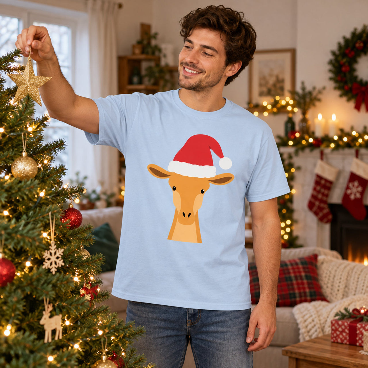 Santa Giraffe Christmas Unisex T-Shirt in Light Blue, worn in a Christmas home setting with the Santa giraffe front print visible.