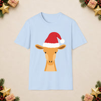 Thumbnail for Santa giraffe Christmas unisex t shirt in Light Blue, front view with the Santa animal illustration on a Christmas flat-lay background.