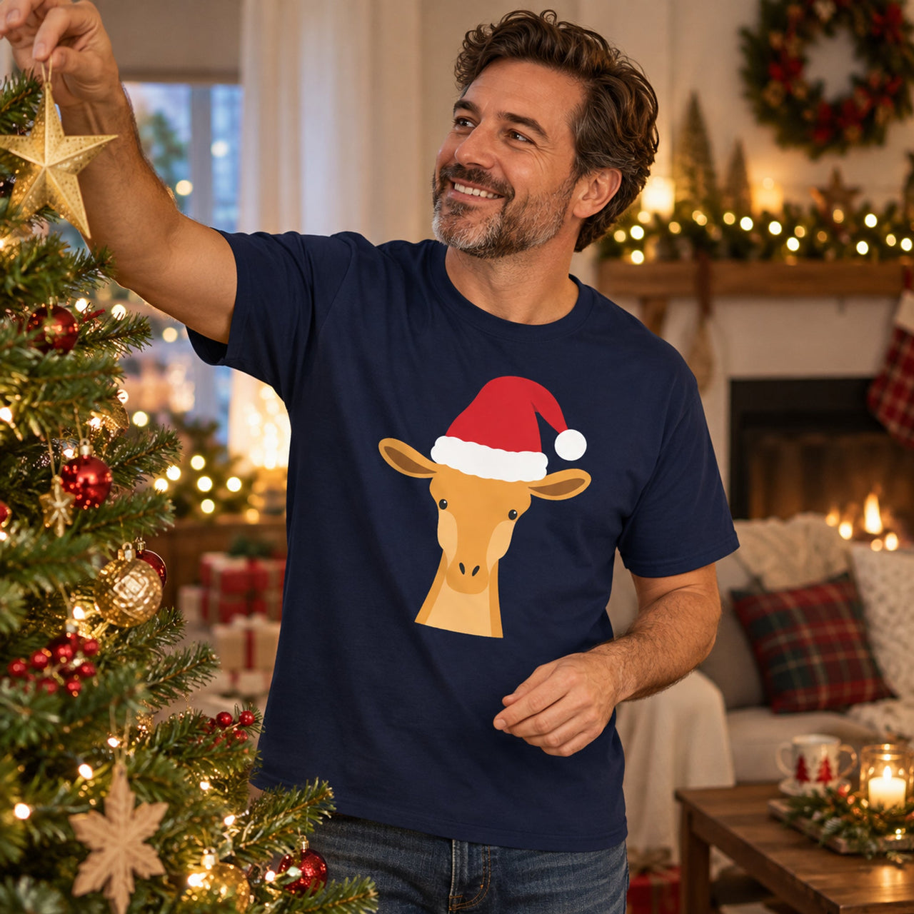 Santa Giraffe Christmas Unisex T-Shirt in Navy, worn in a Christmas home setting with the Santa giraffe front print visible.