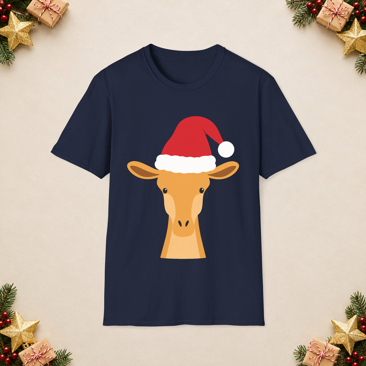 Santa giraffe Christmas unisex t shirt in Navy, front view with the Santa animal illustration on a Christmas flat-lay background.
