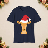 Thumbnail for Santa giraffe Christmas unisex t shirt in Navy, front view with the Santa animal illustration on a Christmas flat-lay background.