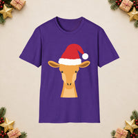 Thumbnail for Santa giraffe Christmas unisex t shirt in Purple, front view with the Santa animal illustration on a Christmas flat-lay background.