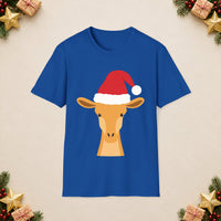 Thumbnail for Santa giraffe Christmas unisex t shirt in Royal, front view with the Santa animal illustration on a Christmas flat-lay background.