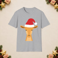 Thumbnail for Santa giraffe Christmas unisex t shirt in Sport Grey, front view with the Santa animal illustration on a Christmas flat-lay background.