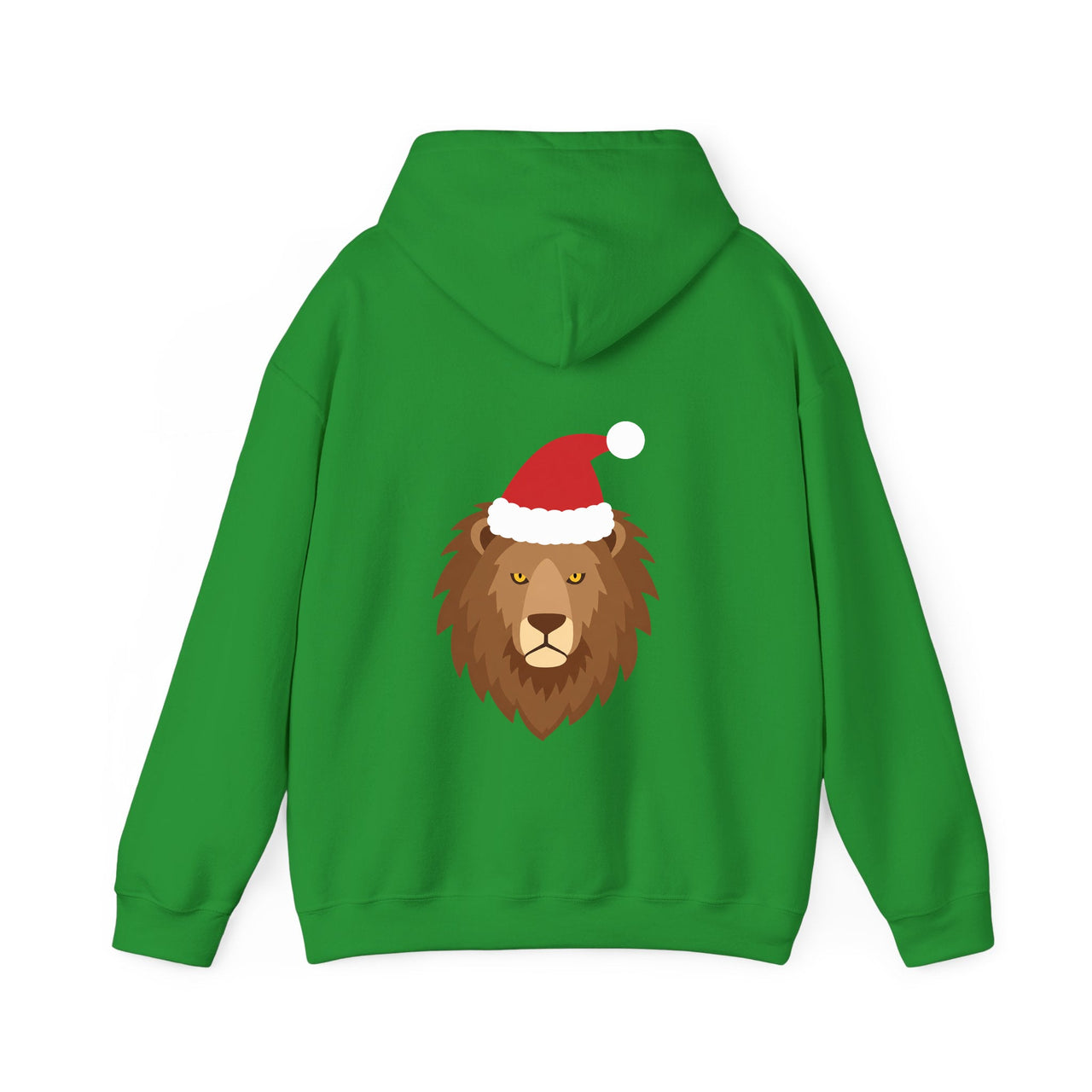 Santa lion Christmas back print hoodie in Irish Green, back view with the Santa animal illustration.