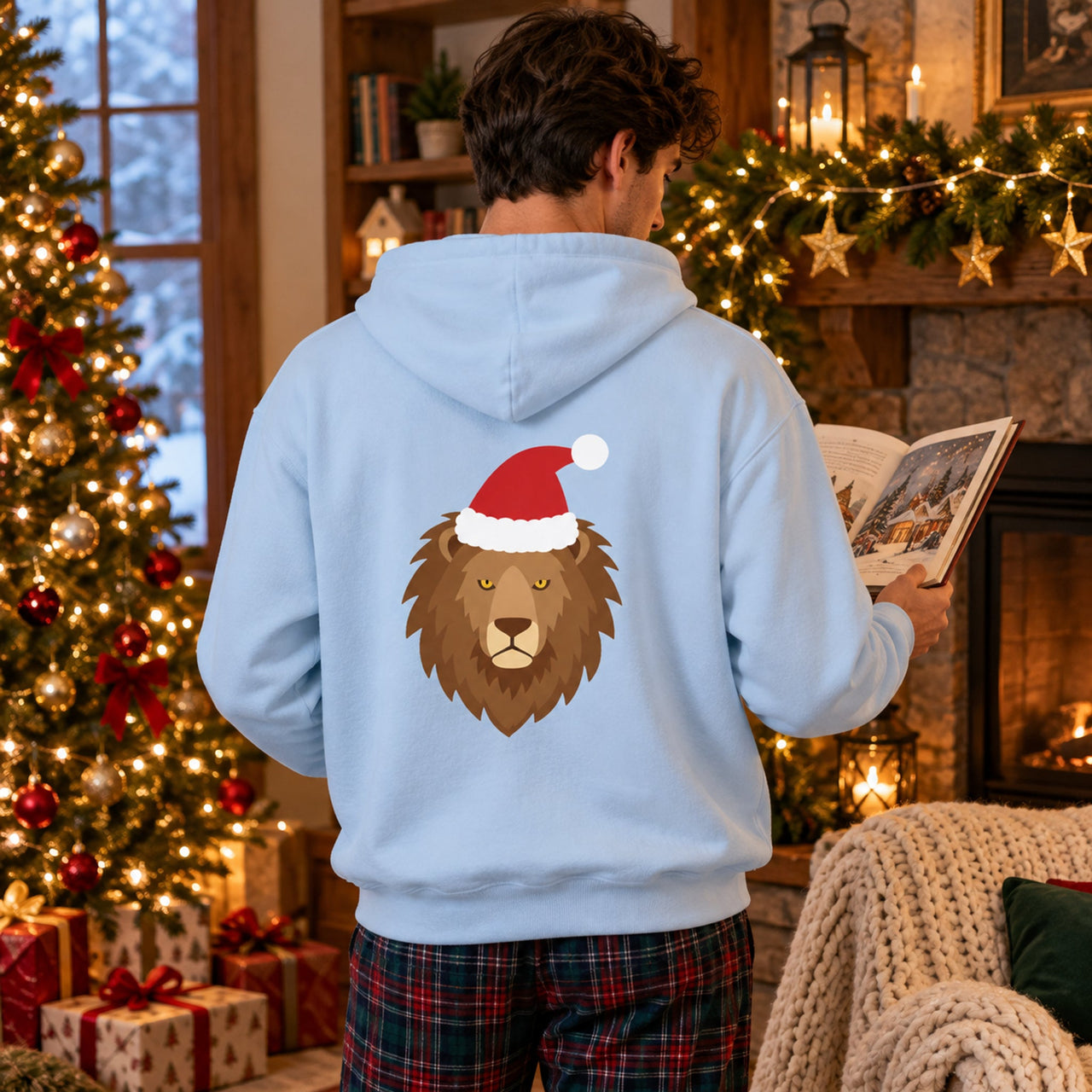 Santa Lion Christmas Back Print Hoodie in Light Blue, worn in a Christmas home setting with the Santa lion back print visible.