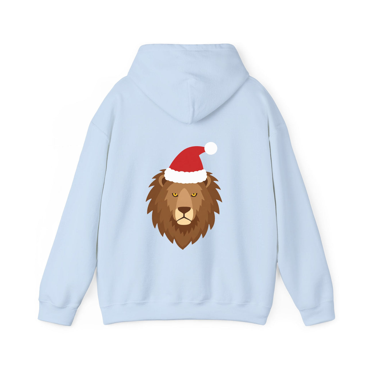 Santa lion Christmas back print hoodie in Light Blue, back view with the Santa animal illustration.
