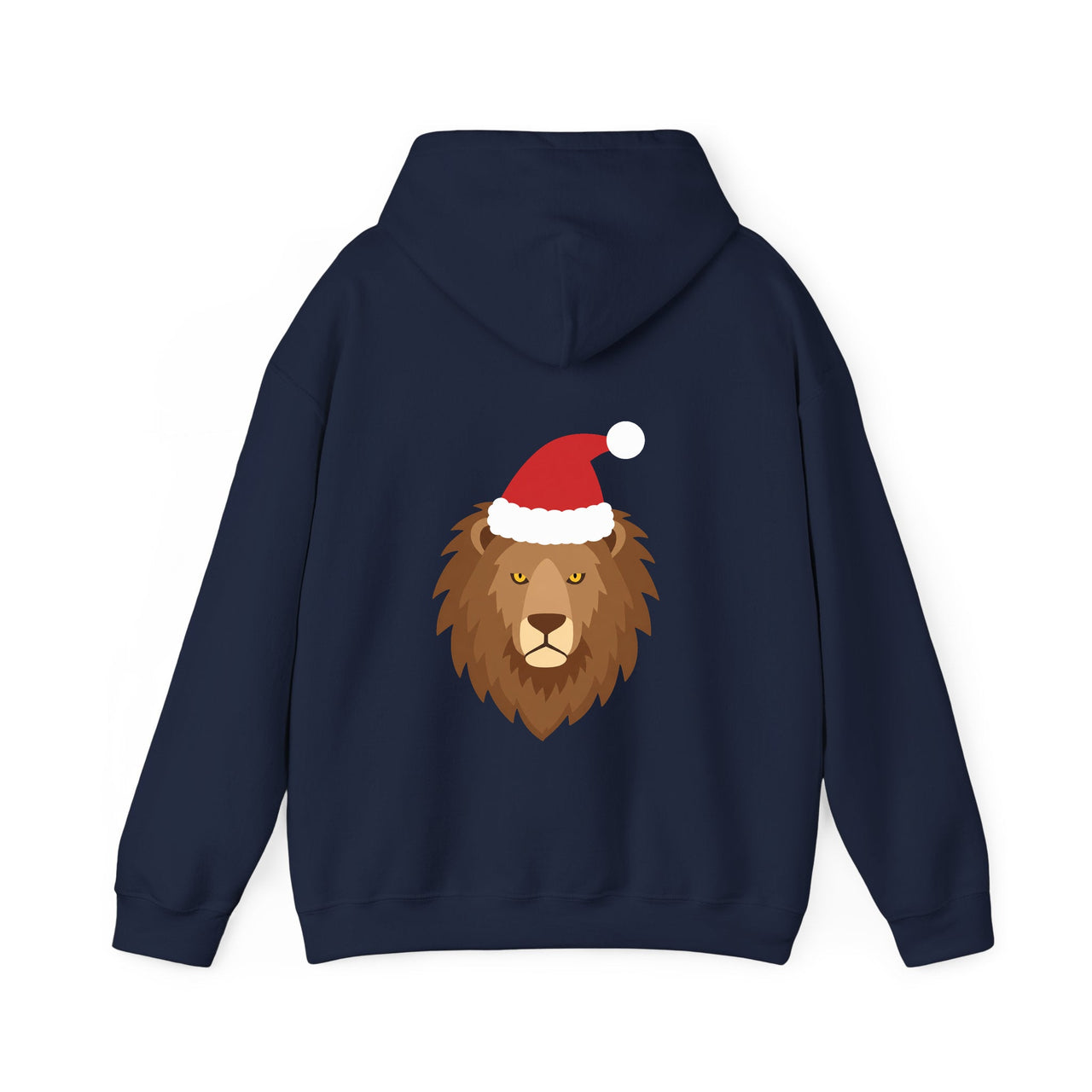 Santa lion Christmas back print hoodie in Navy, back view with the Santa animal illustration.