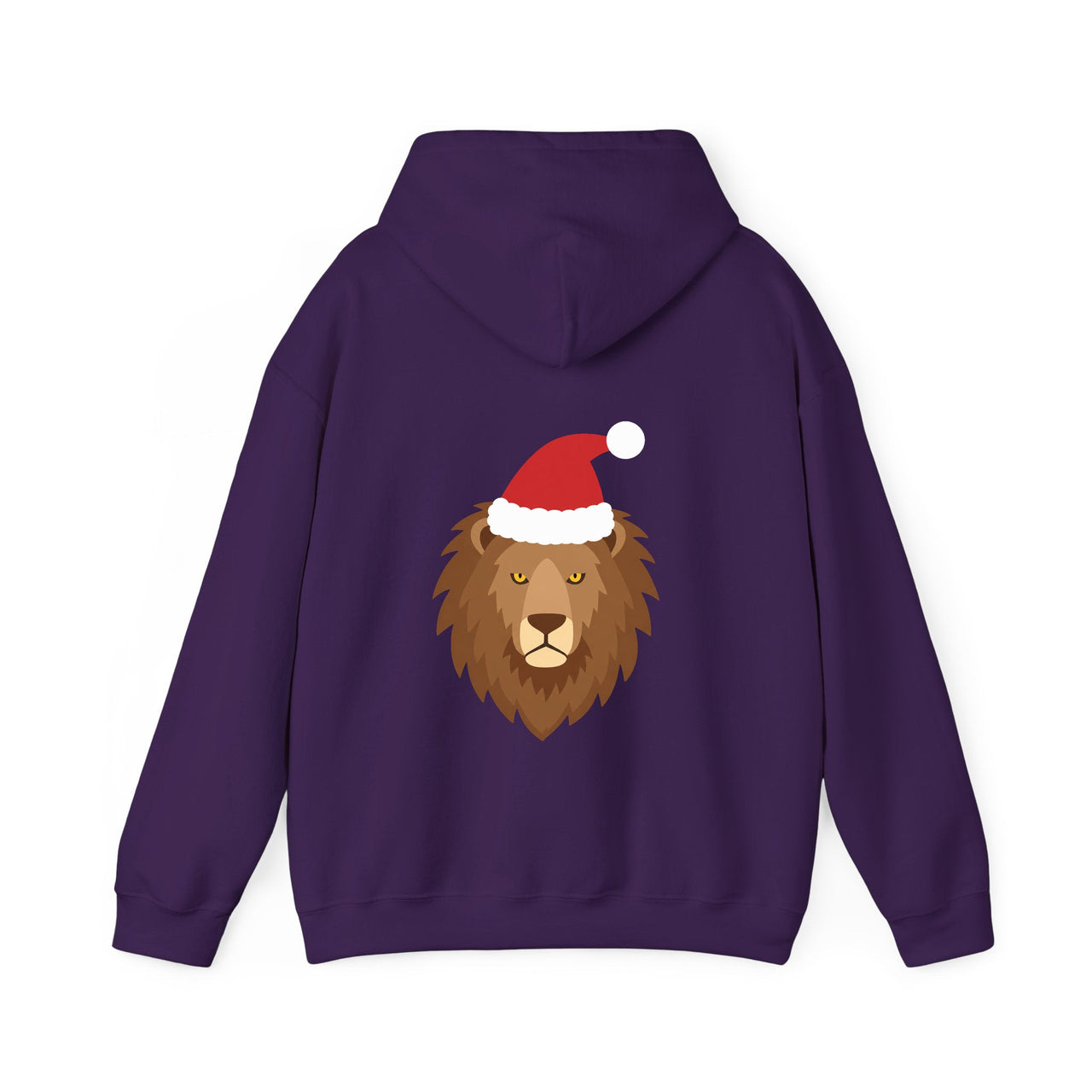 Santa lion Christmas back print hoodie in Purple, back view with the Santa animal illustration.