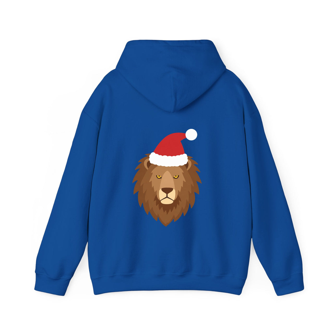 Santa lion Christmas back print hoodie in Royal, back view with the Santa animal illustration.