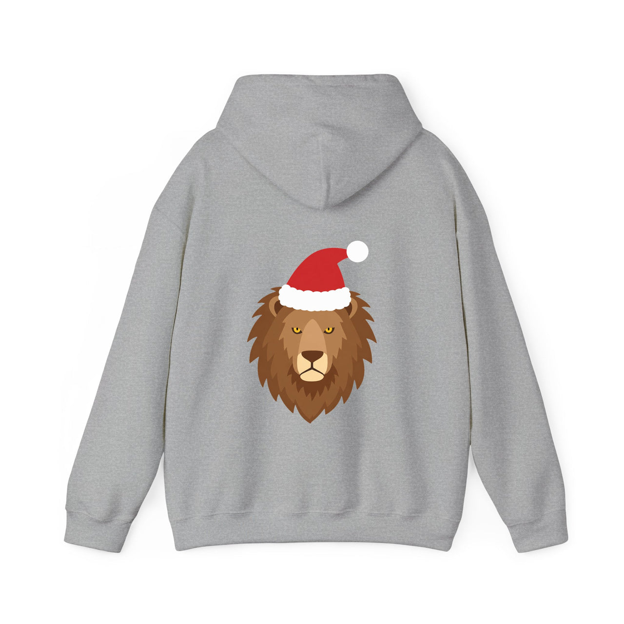 Santa lion Christmas back print hoodie in Sport Grey, back view with the Santa animal illustration.