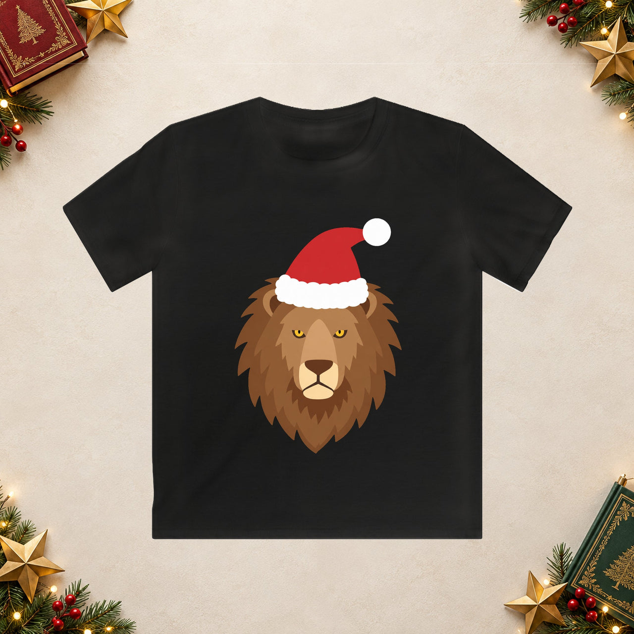 Santa lion Christmas kids t shirt in Black, front view with the Santa animal illustration on a Christmas flat-lay background.