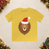 Thumbnail for Santa lion Christmas kids t shirt in Daisy, front view with the Santa animal illustration on a Christmas flat-lay background.