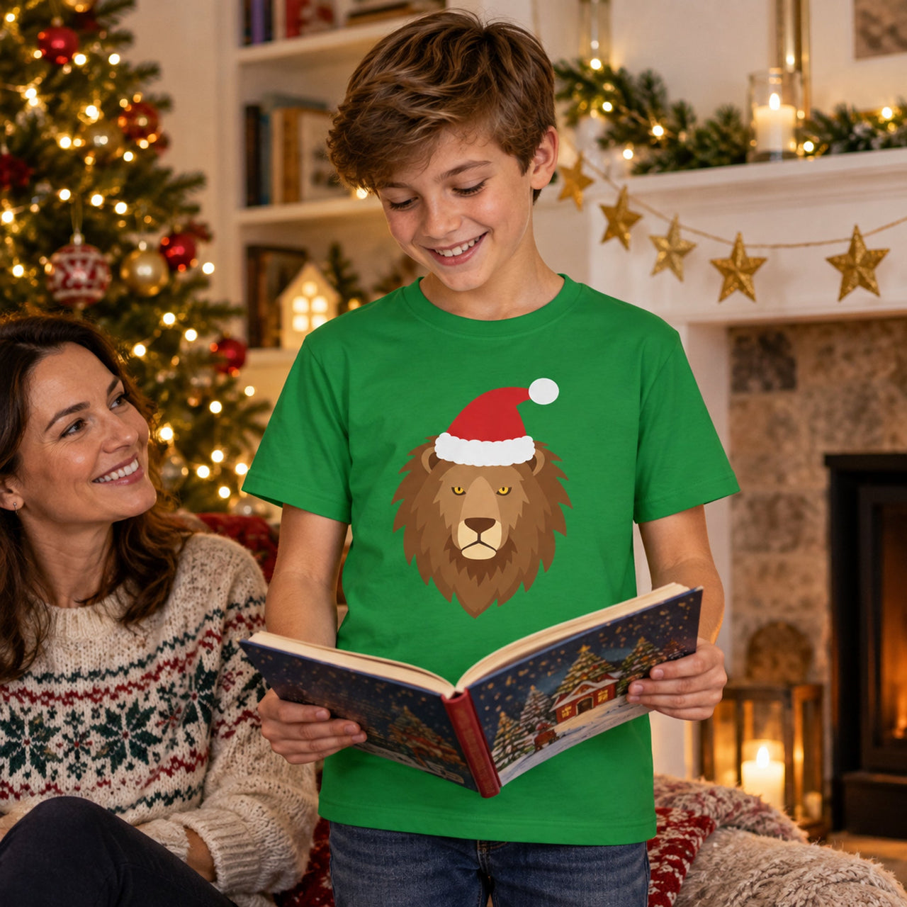 Santa Lion Christmas Kids T-Shirt in Irish Green, worn in a Christmas home setting with the Santa lion front print visible.