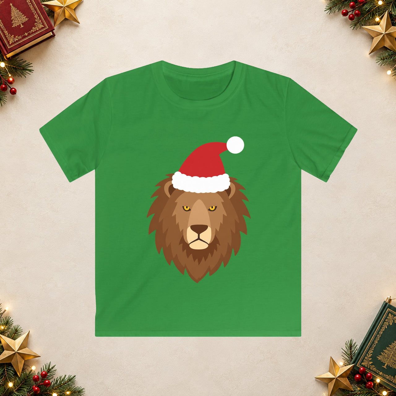 Santa lion Christmas kids t shirt in Irish Green, front view with the Santa animal illustration on a Christmas flat-lay background.