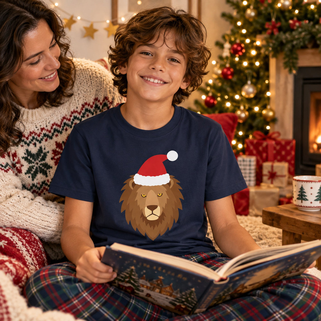 Santa Lion Christmas Kids T-Shirt in Navy, worn in a Christmas home setting with the Santa lion front print visible.