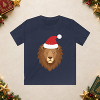 Thumbnail for Santa lion Christmas kids t shirt in Navy, front view with the Santa animal illustration on a Christmas flat-lay background.