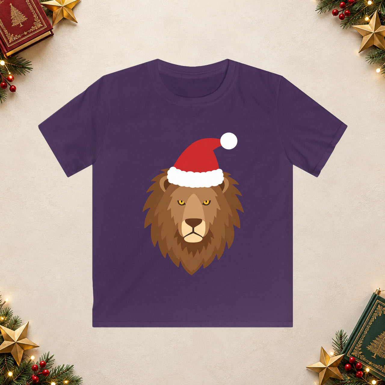 Santa lion Christmas kids t shirt in Purple, front view with the Santa animal illustration on a Christmas flat-lay background.