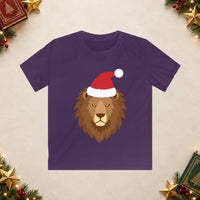 Thumbnail for Santa lion Christmas kids t shirt in Purple, front view with the Santa animal illustration on a Christmas flat-lay background.