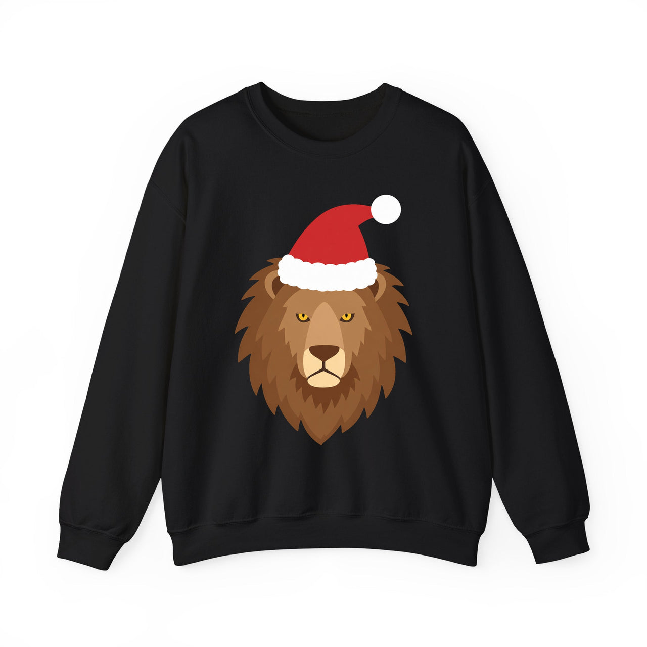 Santa lion Christmas sweatshirt in Black, front view with the Santa animal illustration.