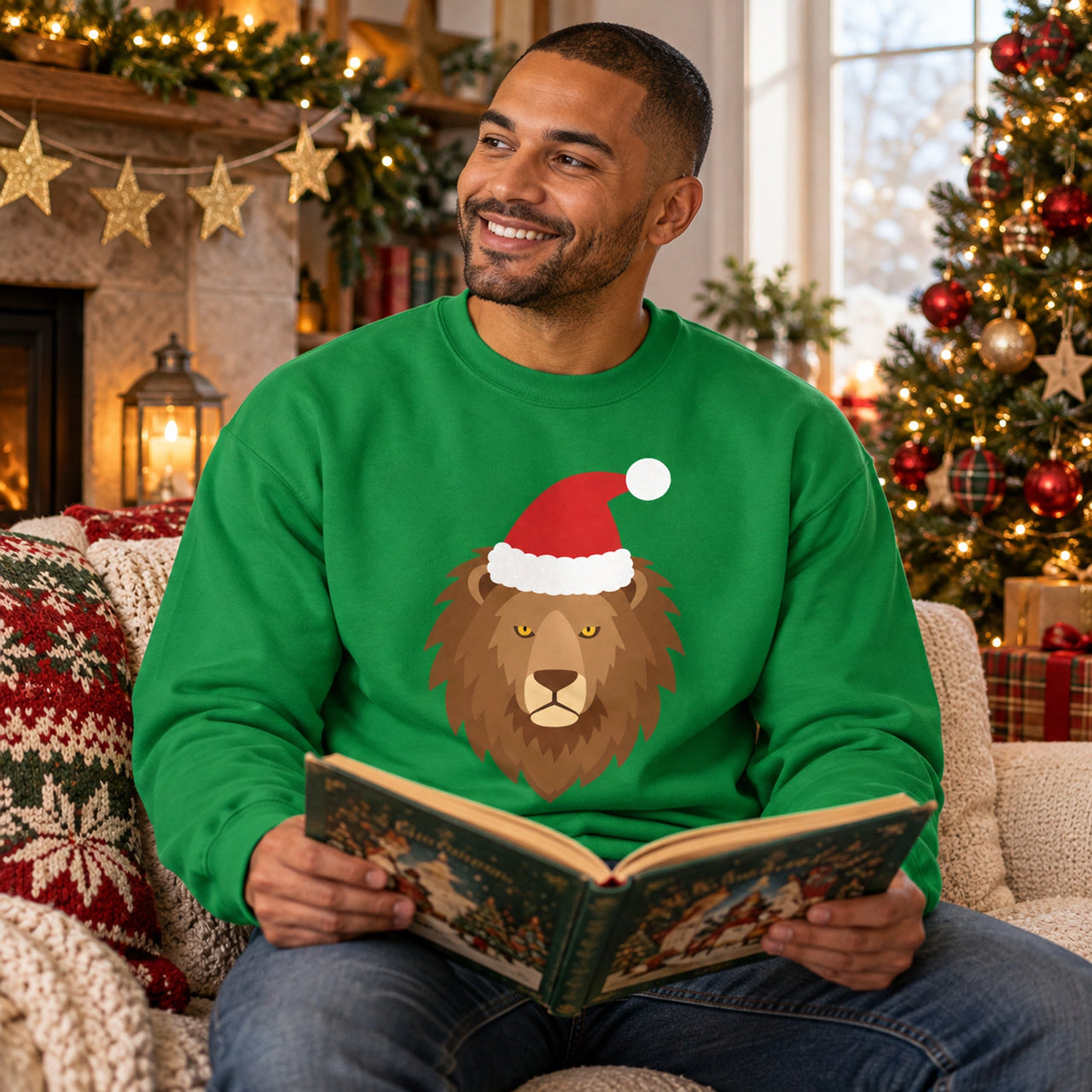 Santa Lion Christmas Sweatshirt in Irish Green, worn in a Christmas home setting with the Santa lion front print visible.