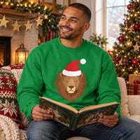 Thumbnail for Santa Lion Christmas Sweatshirt in Irish Green, worn in a Christmas home setting with the Santa lion front print visible.