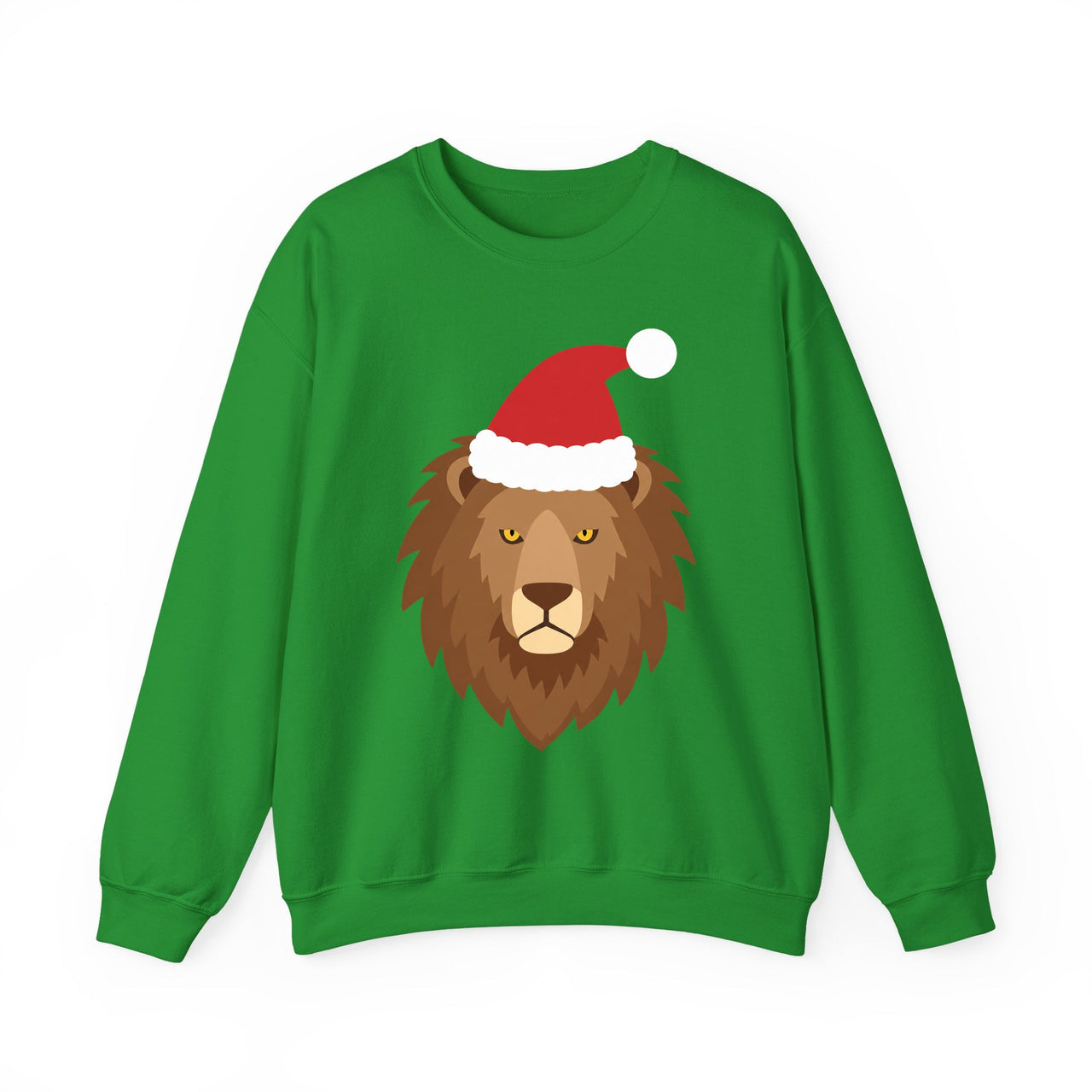 Santa lion Christmas sweatshirt in Irish Green, front view with the Santa animal illustration.