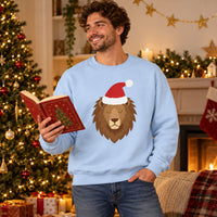 Thumbnail for Santa Lion Christmas Sweatshirt in Light Blue, worn in a Christmas home setting with the Santa lion front print visible.
