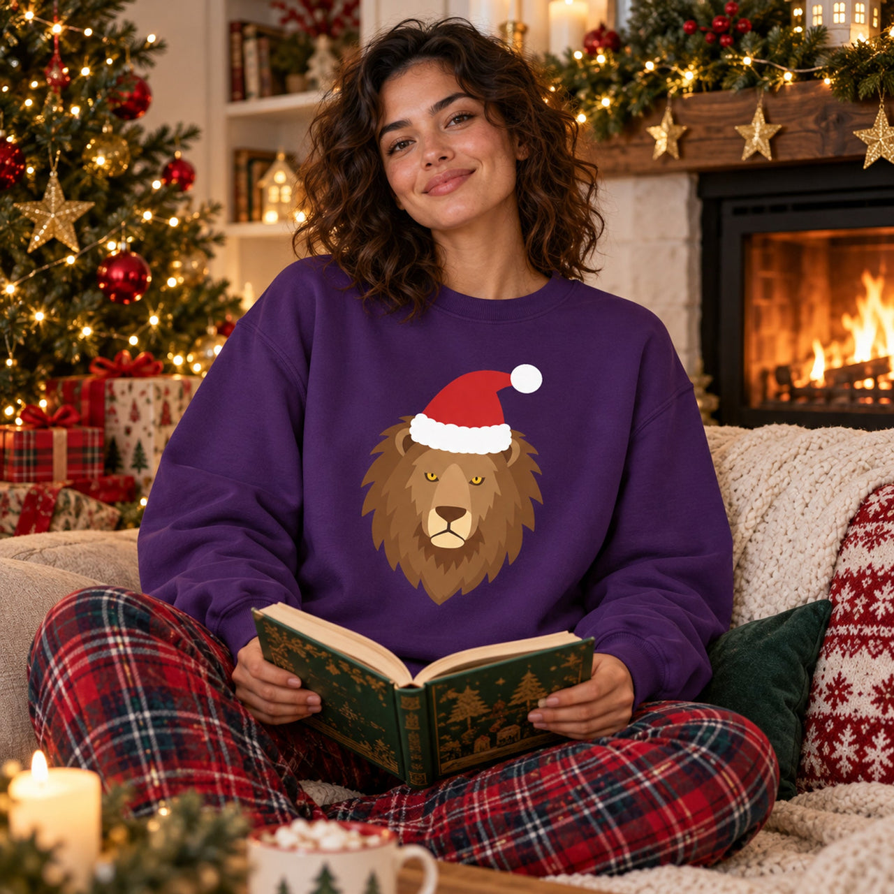 Santa Lion Christmas Sweatshirt in Purple, worn in a Christmas home setting with the Santa lion front print visible.