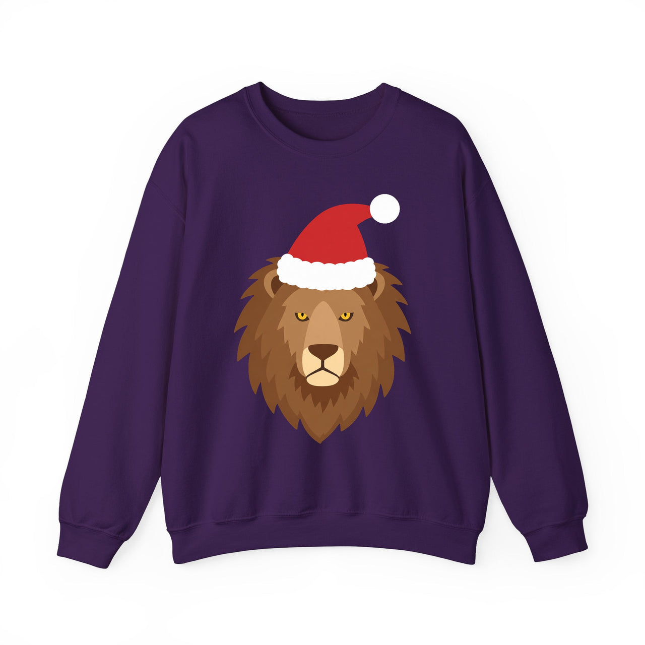 Santa lion Christmas sweatshirt in Purple, front view with the Santa animal illustration.
