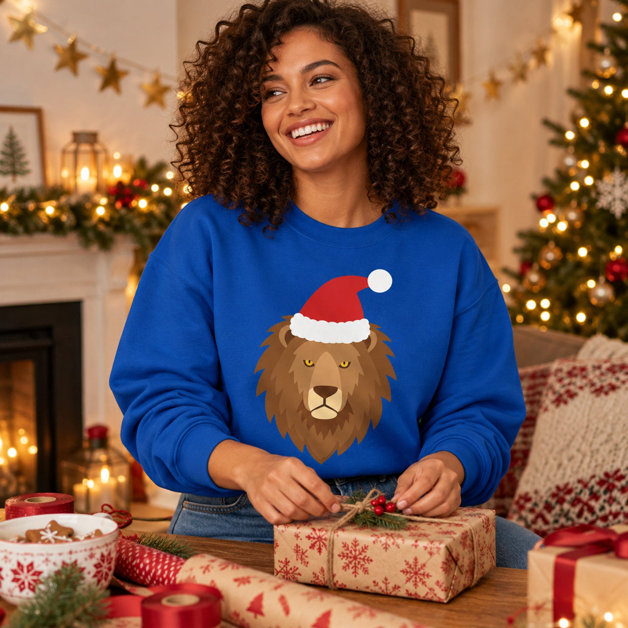 Santa Lion Christmas Sweatshirt in Royal, worn in a Christmas home setting with the Santa lion front print visible.