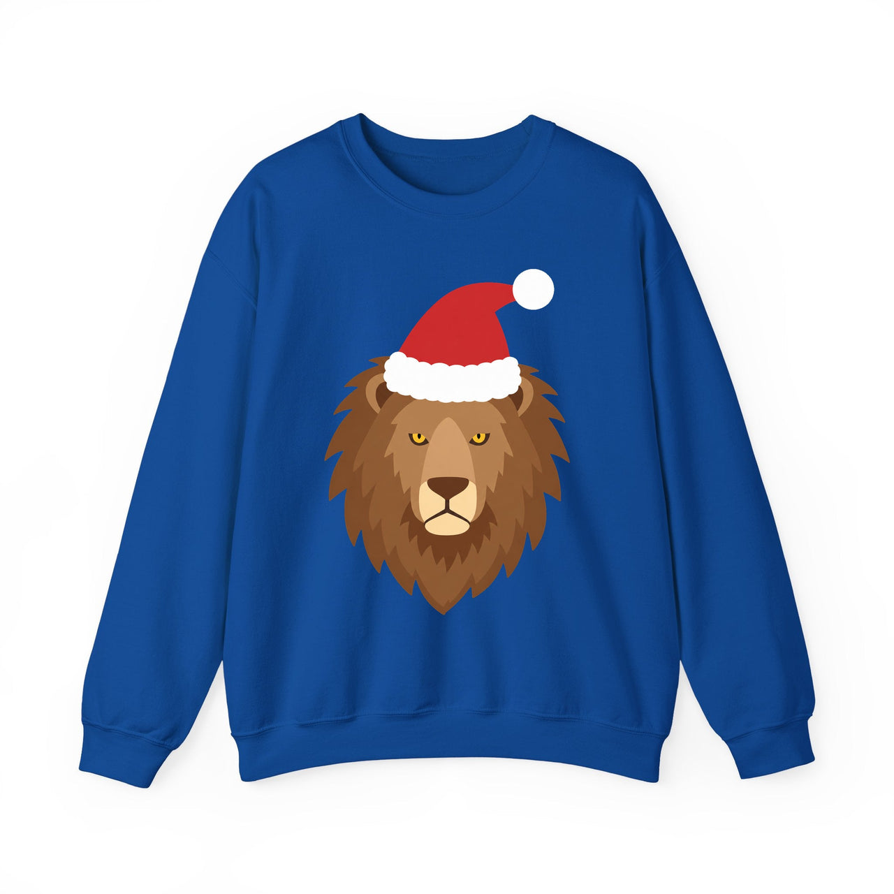 Santa lion Christmas sweatshirt in Royal, front view with the Santa animal illustration.