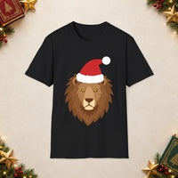 Thumbnail for Santa lion Christmas unisex t shirt in Black, front view with the Santa animal illustration on a Christmas flat-lay background.