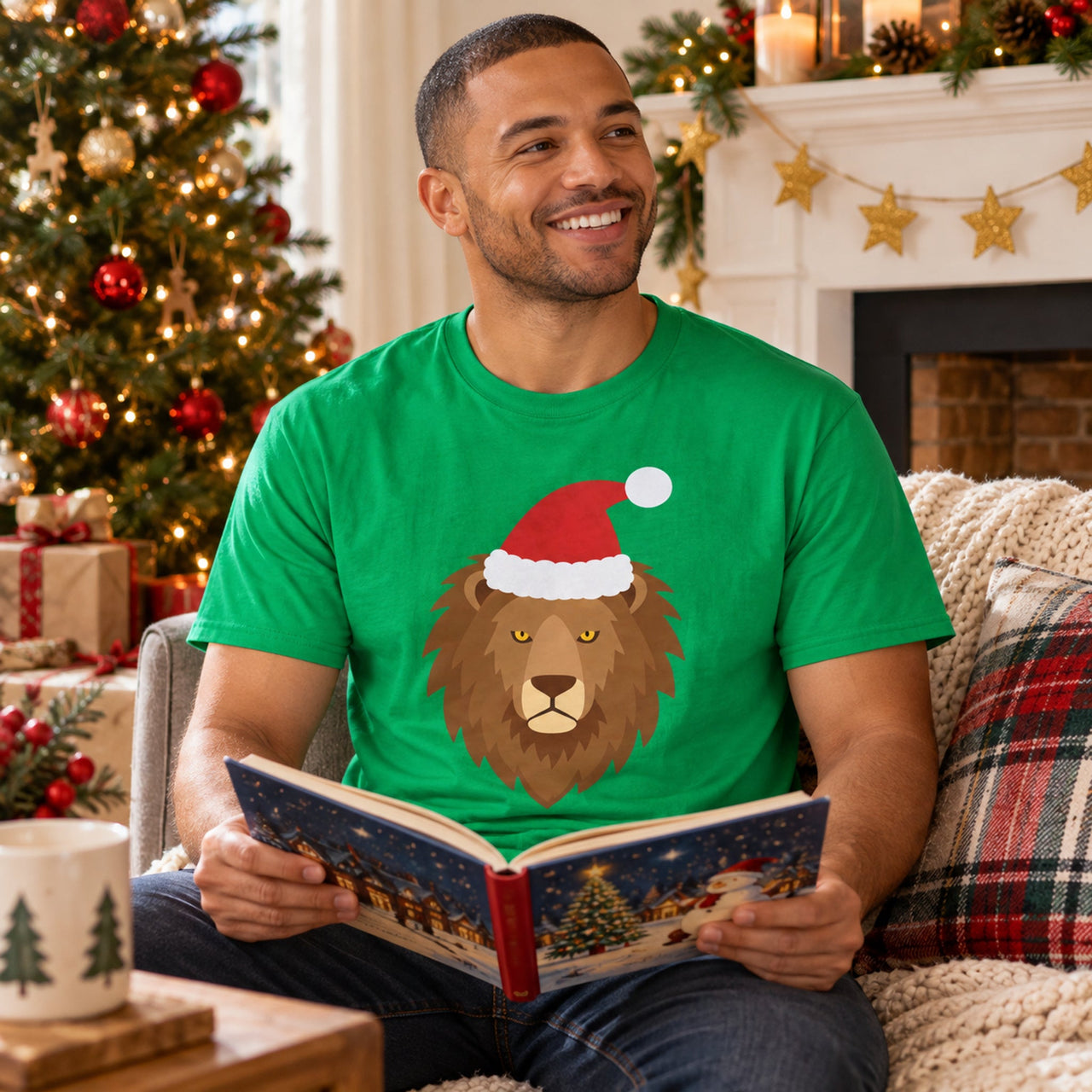 Santa Lion Christmas Unisex T-Shirt in Irish Green, worn in a Christmas home setting with the Santa lion front print visible.