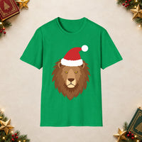 Thumbnail for Santa lion Christmas unisex t shirt in Irish Green, front view with the Santa animal illustration on a Christmas flat-lay background.