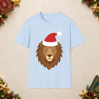Thumbnail for Santa lion Christmas unisex t shirt in Light Blue, front view with the Santa animal illustration on a Christmas flat-lay background.