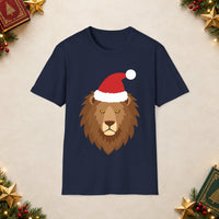 Thumbnail for Santa lion Christmas unisex t shirt in Navy, front view with the Santa animal illustration on a Christmas flat-lay background.