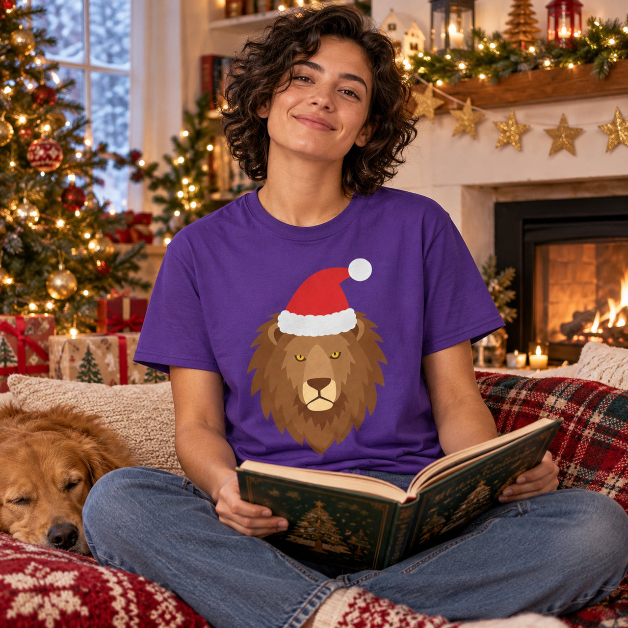 Santa Lion Christmas Unisex T-Shirt in Purple, worn in a Christmas home setting with the Santa lion front print visible.