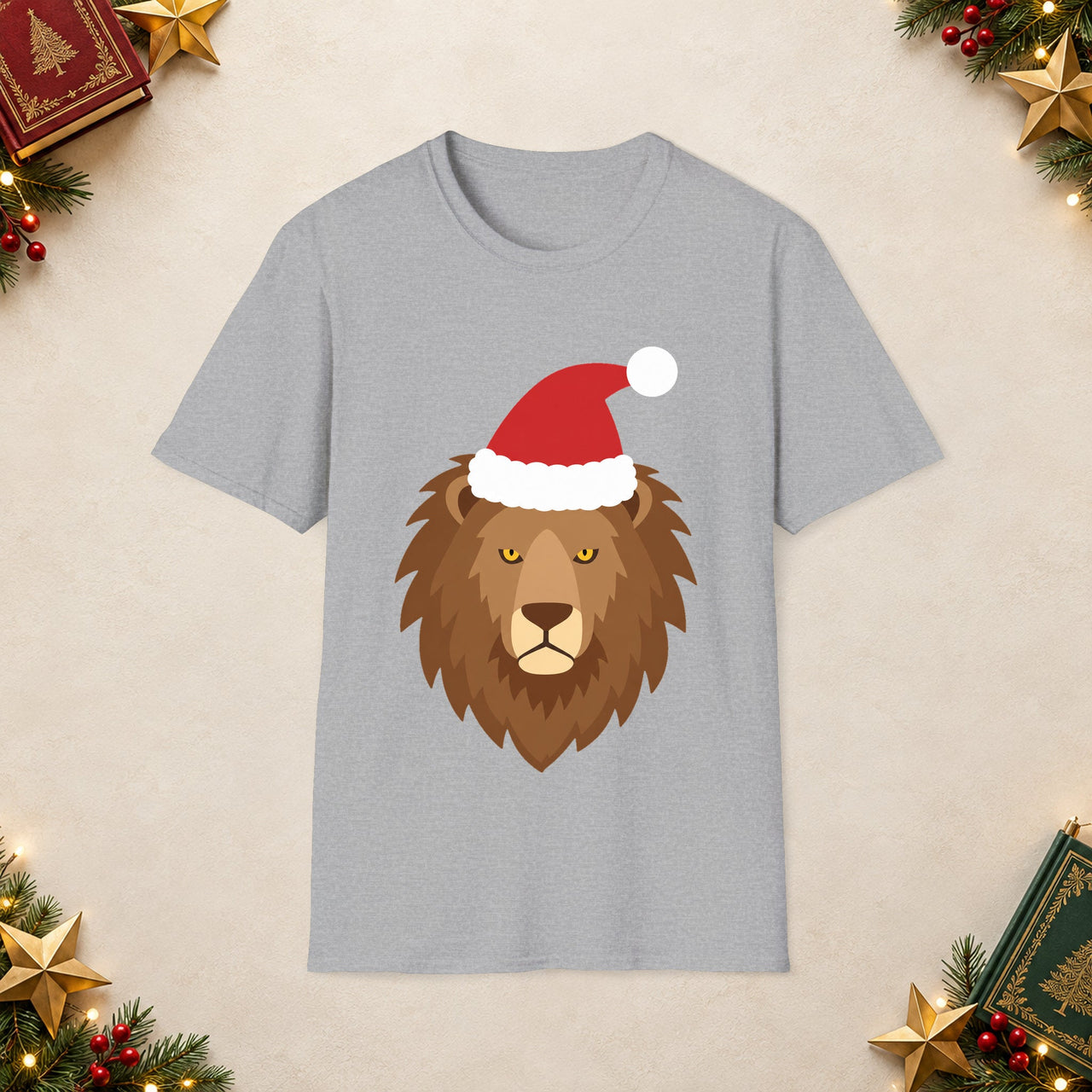 Santa lion Christmas unisex t shirt in Sport Grey, front view with the Santa animal illustration on a Christmas flat-lay background.